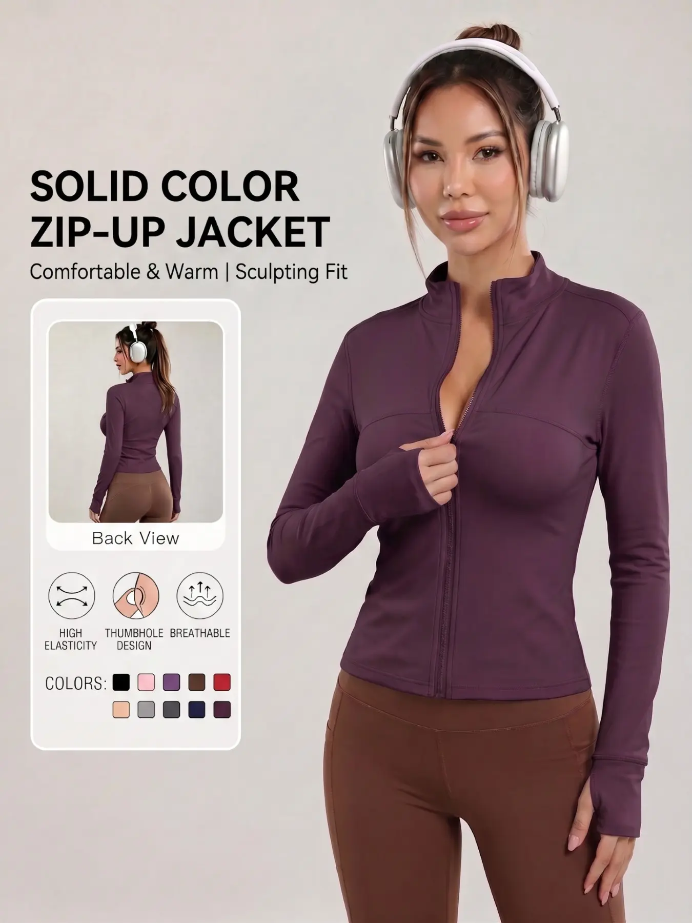 Women's Sporty Jacket, All-Season Zipper Slim-Fit Running Yoga Coat, Thumbholes, Breathable, Comfortable, Trendy, Street Gym Wear