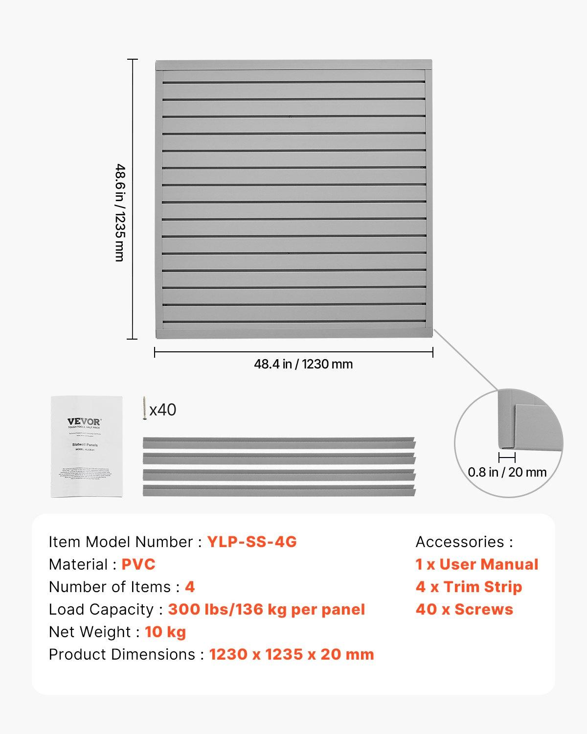 VEVOR Slat Wall Paneling, 4 x 4 ft, PVC Garage Slatwall with Modular Design, Grey Slat Wall Easy-to-Install Adjustable Slatwall Panel with Coupling Structure & DIY Cutting, Fits for Storage & Display