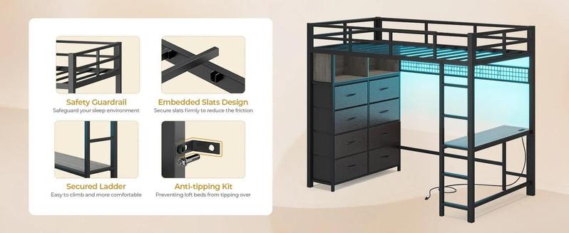 Sikaic Twin Size LED Loft Bed Frame with Desk and 8 Drawers Grey Safety Guardrail Effective Space Saving