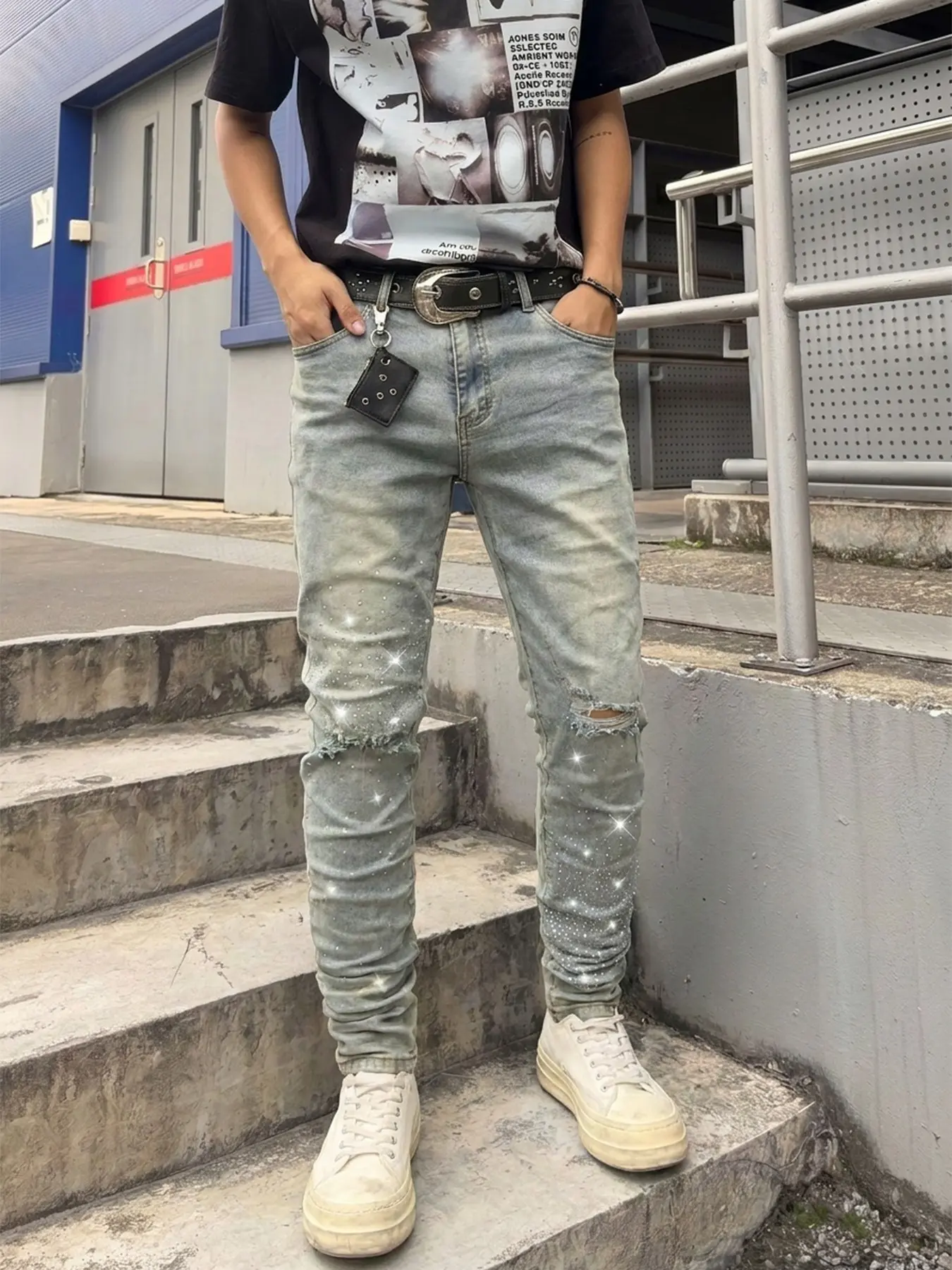 Men Women High Street Gradient Washed Bling Distressed Denim Rhinestone Ripped All Season Jeans, Full Rhinestones Slim Fit, Streetwear Street Style Tall Slender Look