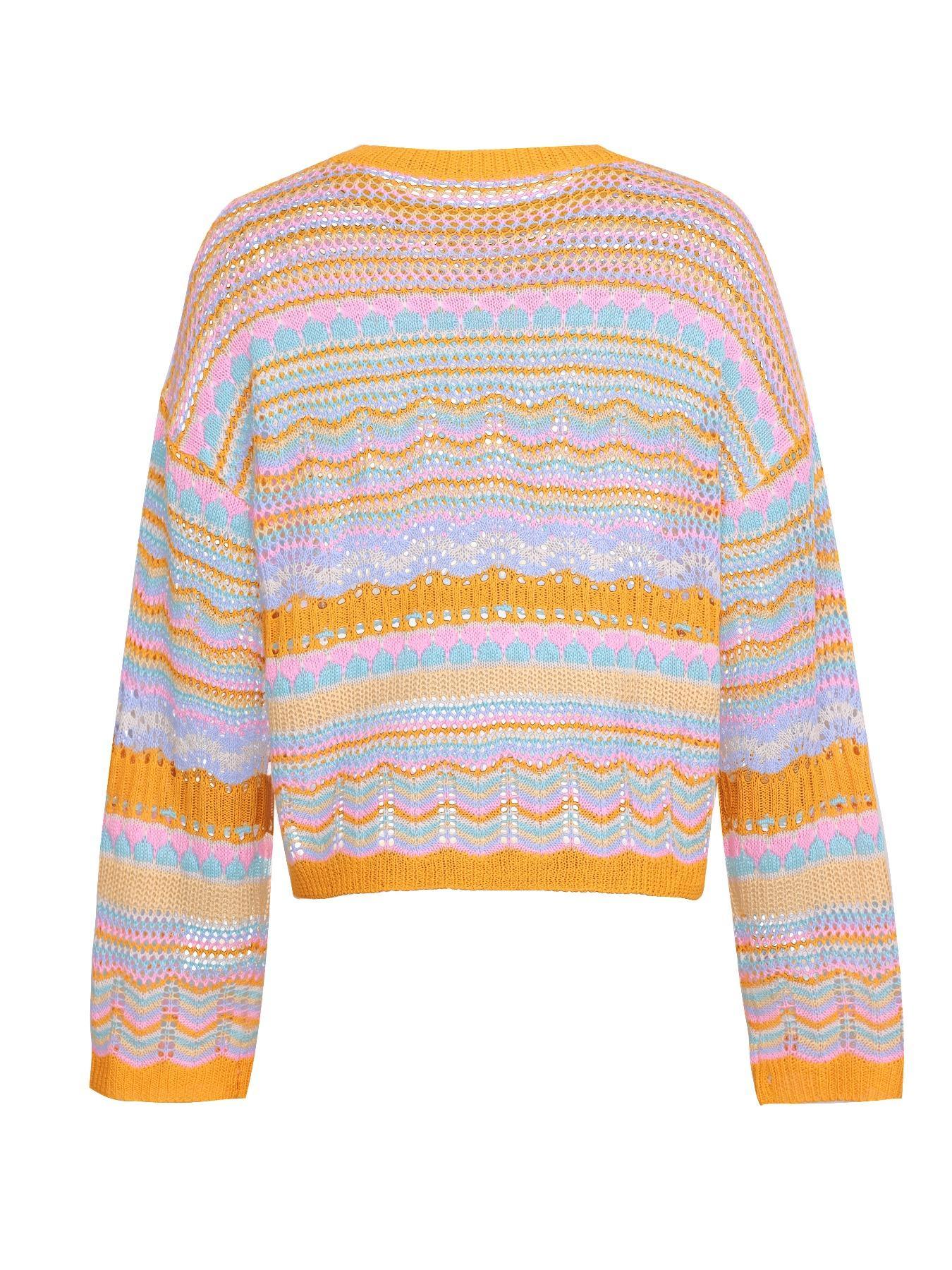 Women's Colorful Striped Print Hollow Out Drop Shoulder Knitting Sweater, Casual Long Sleeve Round Neck Jumper for Spring & Fall, Fashion Women's Knitwear for Daily Wear