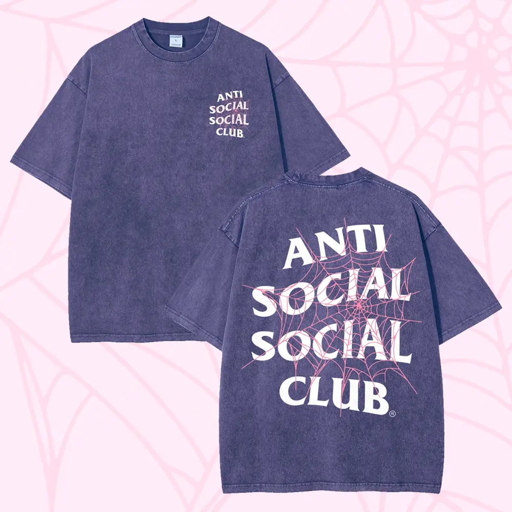 [ DTG Print ] "Anti Social Social Club"Pink Spiderweb Overlay Pattern Front&Back Print Unisex Graphict Washed T-Shirt Y2k Clothing Round Neck Washed T-Shirt,Women's Clothing 100% Cotton, Menswear, Top, Vintage Style,Summer Casual Oversized