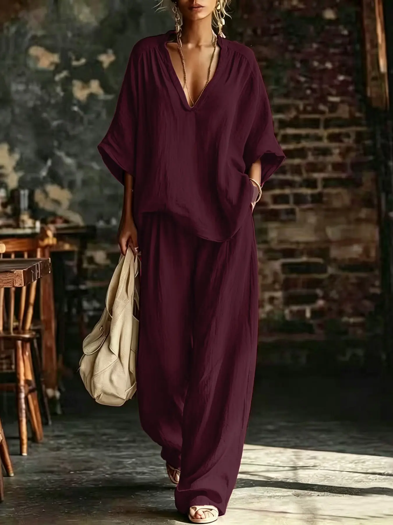 New European and American Style Women's Fashion Casual Solid V-Neck Loose Short Sleeve Top Long Pants Two-Piece Set, Fall & Winter