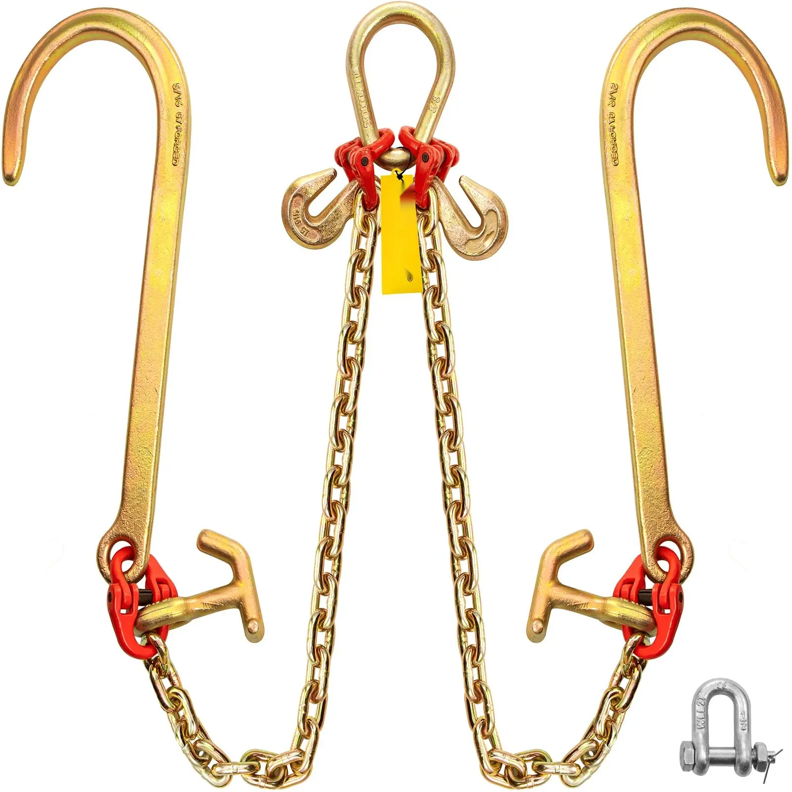 5/16 Inch X 2 Ft V-Bridle Chain, Grade 80 Transport Tow Chain With TJ Hooks, Grab Hooks, Pear Link Connector, Chain Shorteners, Heavy Duty All Purpose Recovery And Lifting System, 9260 Lbs Break Strength