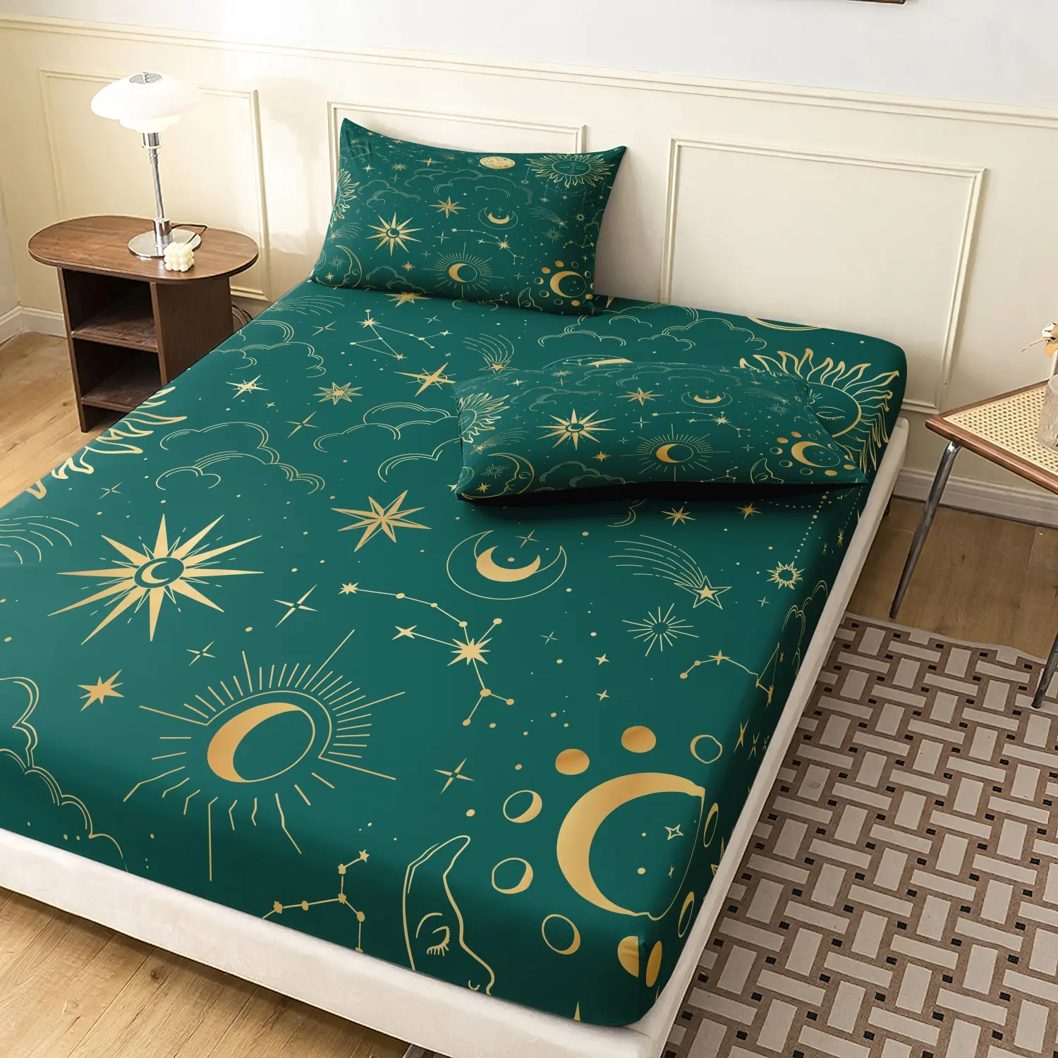 3 Pieces Dark Emerald Green Golden Celestial Moon Star Constellation Print Fitted Sheet Set, Gold Sun Crescent Moon Cloud Zodiac Print Bedding, Soft Microfiber Bedding Decor (1 Fitted Sheet + 2 Pillowcases, No Pillow) ﻿