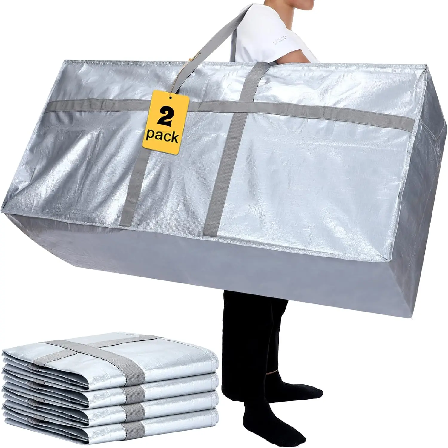 2 count 66 Gallon  Moving Bags Storage Bags with Zipper and Handles Heavy Duty Duffle Bag Foldable Tote Bag for College Dorm Travel Clothes Blankets Bedding Moving(Silvery)