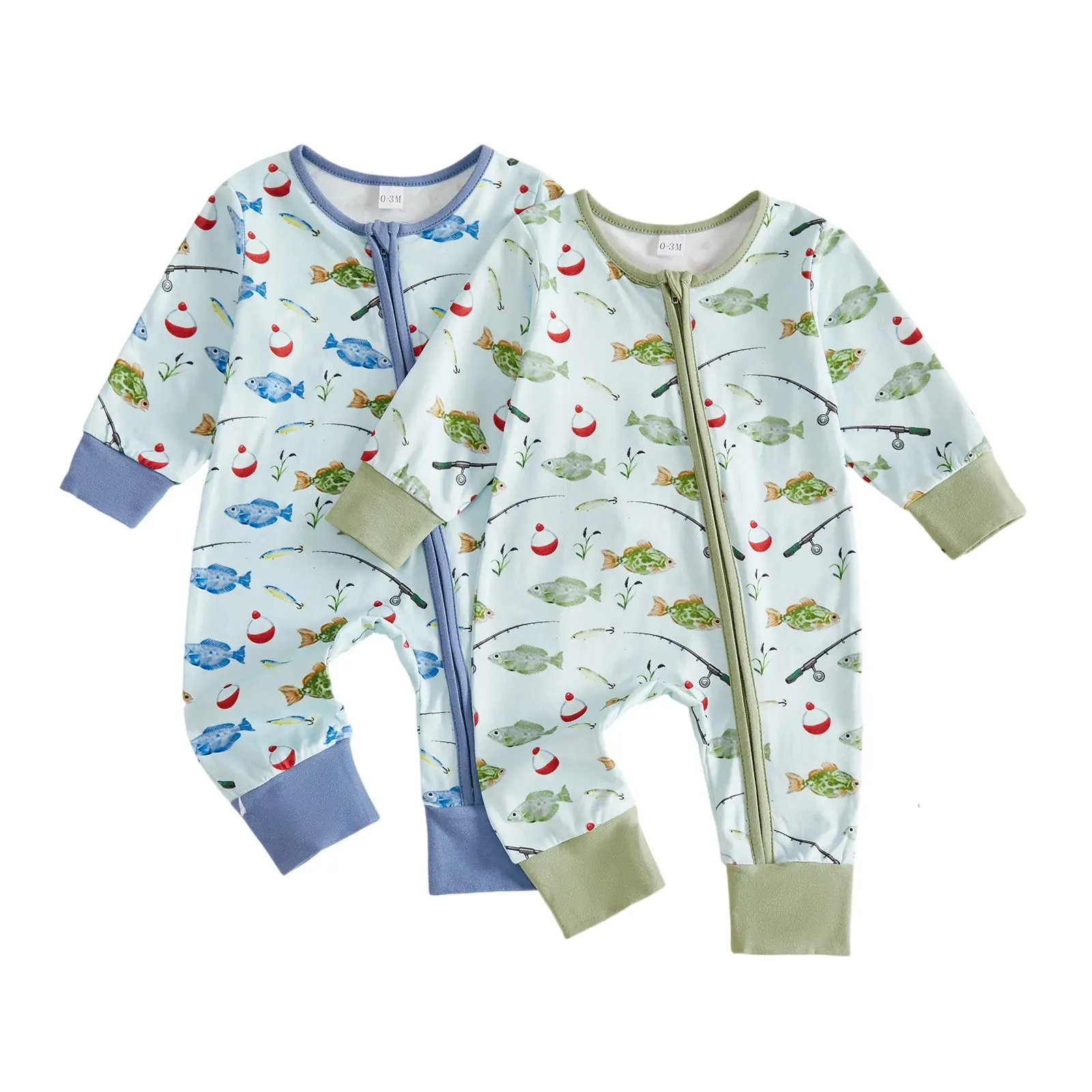 Infant Baby Boys Fall Romper Fish Print Long Sleeve Round Neck Zipper Jumpsuit 0-18 Months