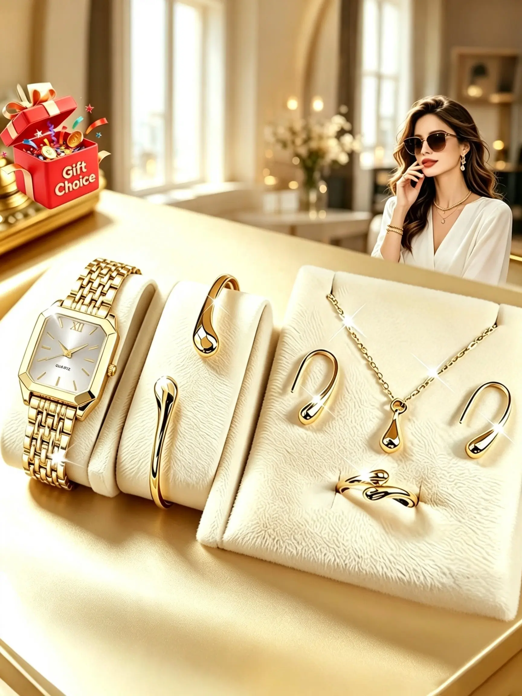Luxury Women's Accessory Set, Quartz Watch, Drop Necklace, Earrings, Ring, Bracelet, Perfect for Gifts, Daily Wear, Parties, Jewellery Gift Set, Jewelry Sets