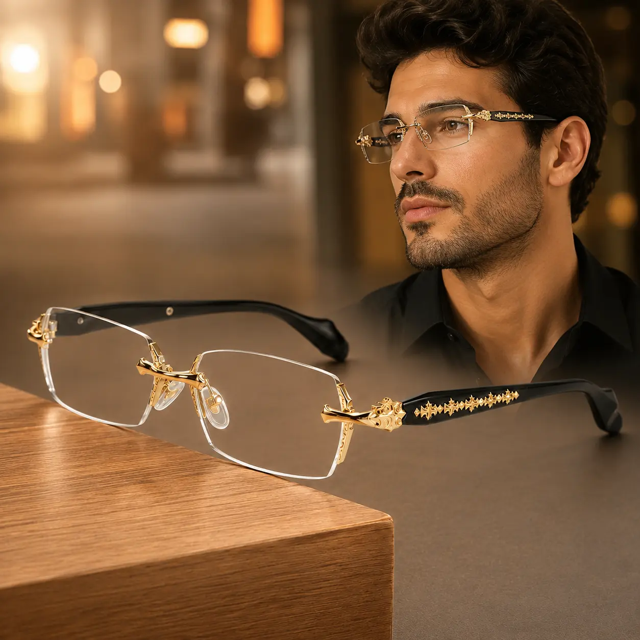 Unisex Rimless Blue Light Glasses with Transition Photochromic Lenses, Diamond-Cut Edges, Stainless Steel Decorative Temples, Modern Trendy Adult Eyewear for Daily Wear & Computer Work