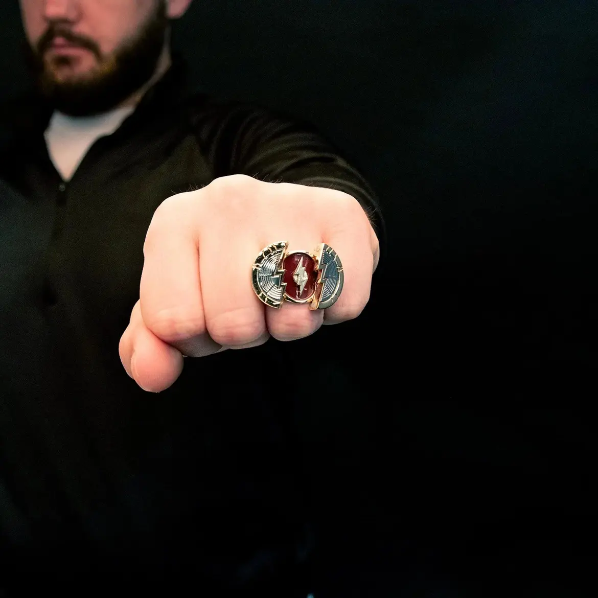 Open Flip Lid Ring with Lightning Symbol, Red Enamel Hidden Storage Ring, Men Statement Costume Jewelry, Vintage Collectible Finger Ring Gift