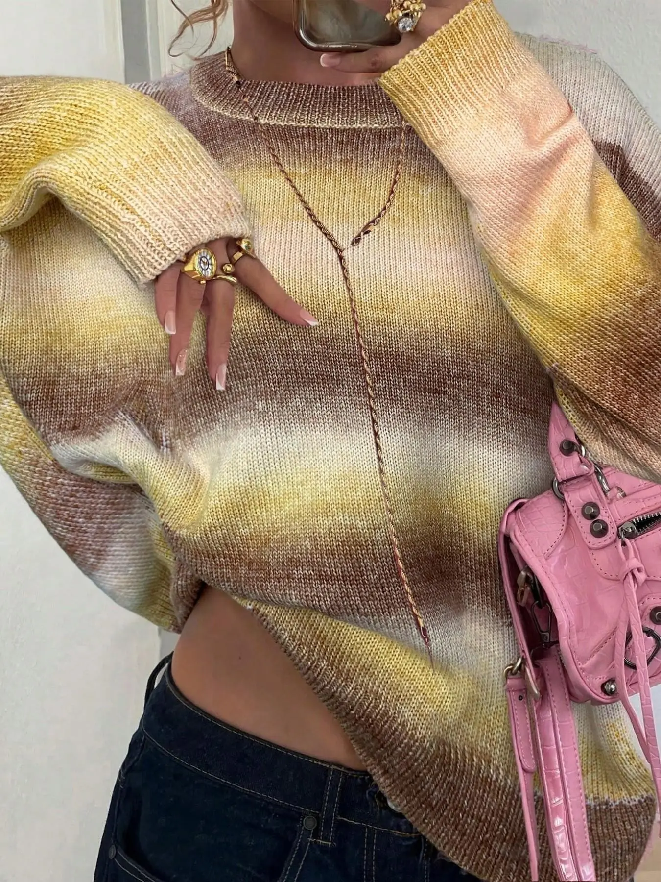 Women's Cute Casual Space Age Colorful Y2K Loose Long Sleeve Knit Sweater Top, Stylish Pullover for Everyday Wear, Comfortable and Trendy