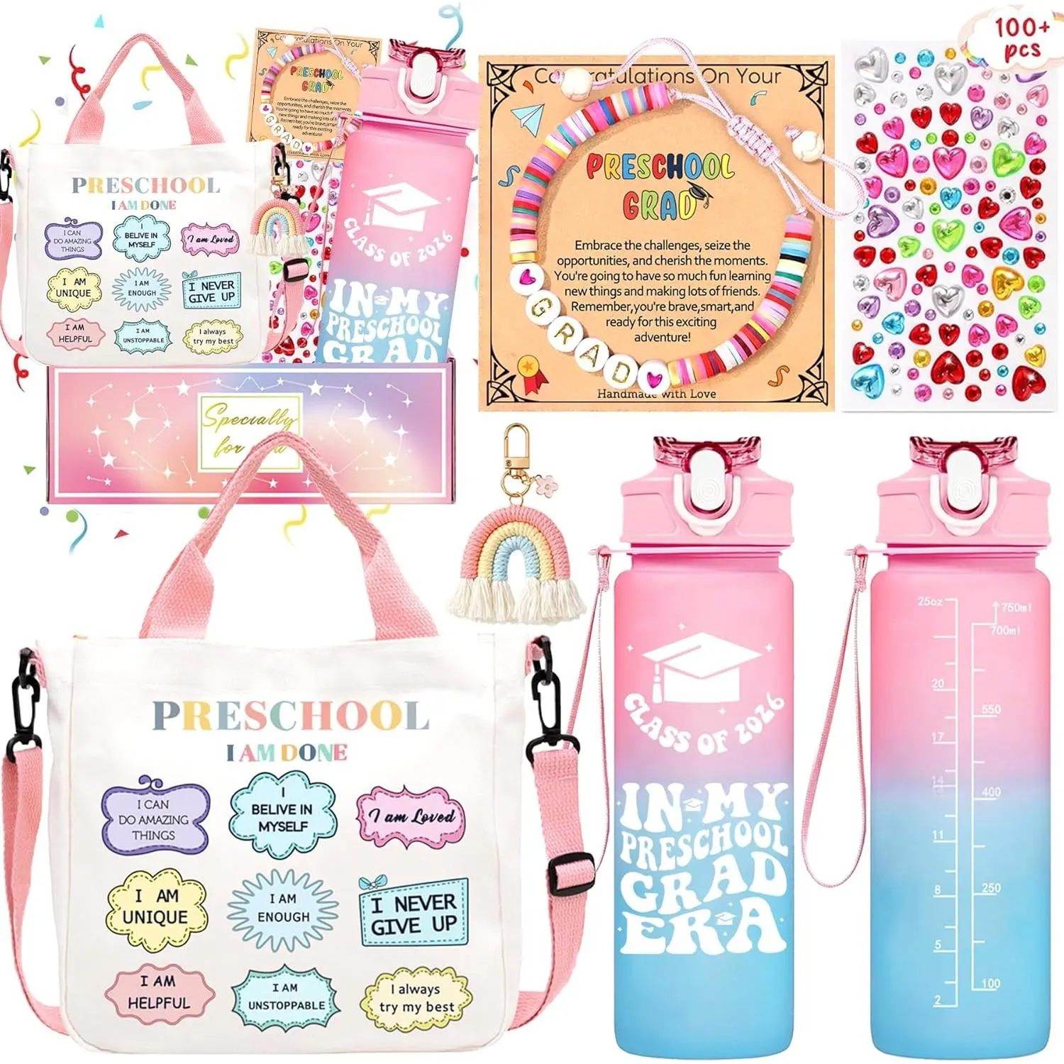 Preschool Graduation Gifts Set for Girls, Class of 2026 Kindergarten Graduation Gift Basket Includes Graduation Water Bottle, Bracelet, Tote Bag & Cute Accessories.