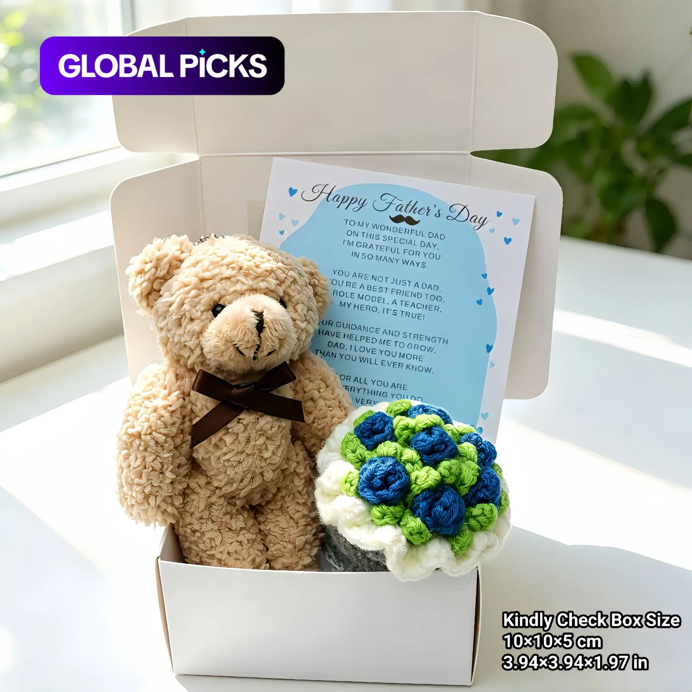 Father's Day Care Package - Teddy Bear & Handmade Crochet Flower Gift Set, Sentimental Box for Him, Dad, Papa & Husband, Gift Idea #GLOBAL PICKS