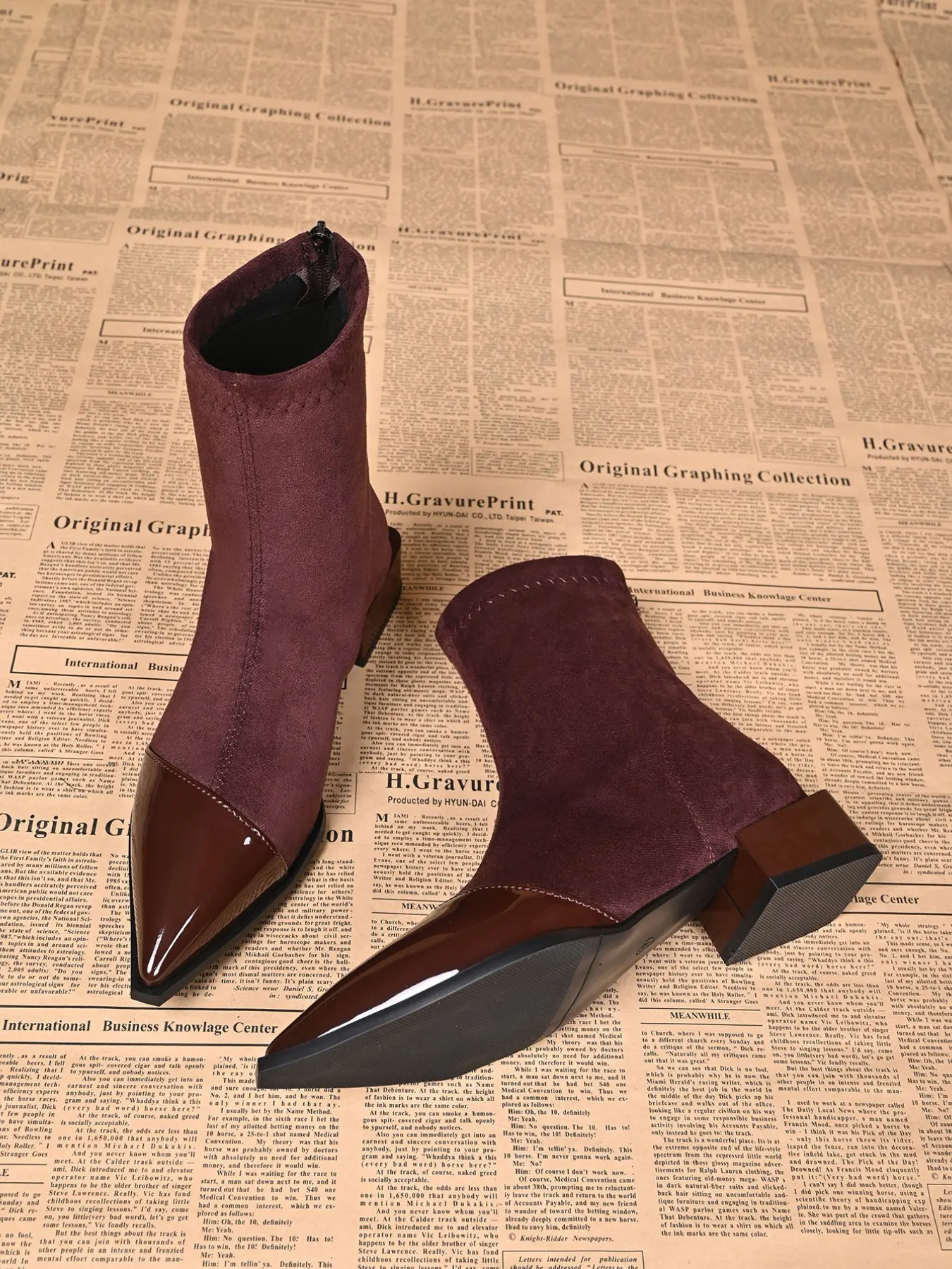 New French Retro Pointed Toe Short Boots, Matte Velvet with Glossy Toe, Low Block Heel, Anti-Slip Sole, Slimming Ankle Boot for Women