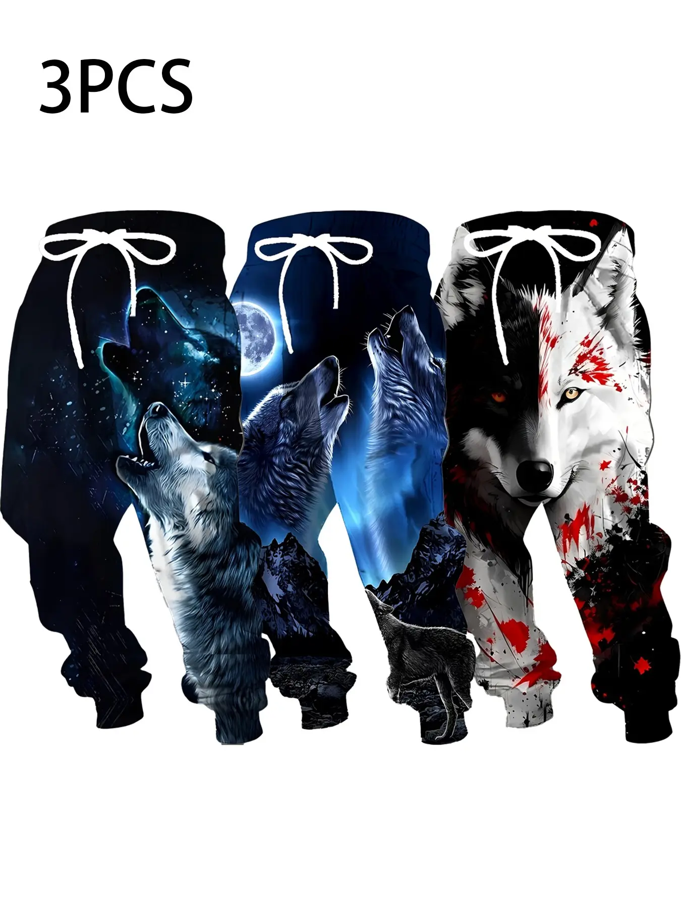 3-Pack Men's Wolf Pattern Sweatpants, Moonlit Wolf Print Loose Fit Athletic Joggers, Casual Ankle-Length Pants for All Seasons