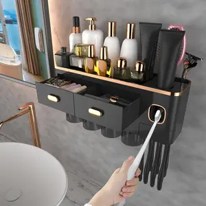 Holders for Bathrooms - Upgrade Wall Mounted Toothbrush Holder with Toothpaste Dispenser - 4 Cups, Large Capacity Tray, 2 Cosmetic Drawer - Bathroom Organizers and Storage