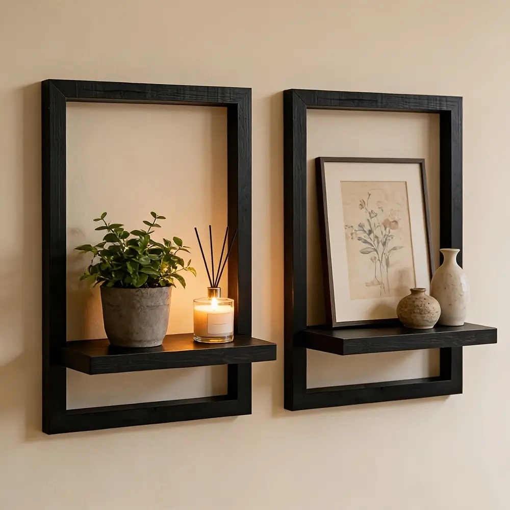 2 Floating Wall Shelves, Vintage Wooden Hanging Display Rack, Modern Space-Saving Storage Shelf Organizer for Bedroom Living Room Bathroom, Room Decor