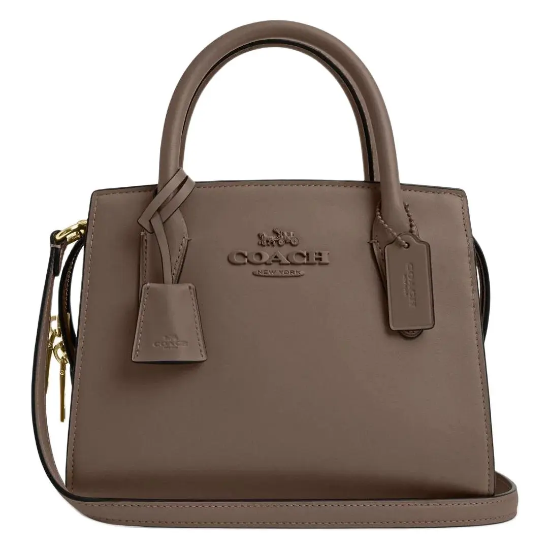 Coach Andrea Carryall 22 Logo Zip Top Handle Bag for Women, Saffiano Leather Crossbody Shoulder Bag, Tan