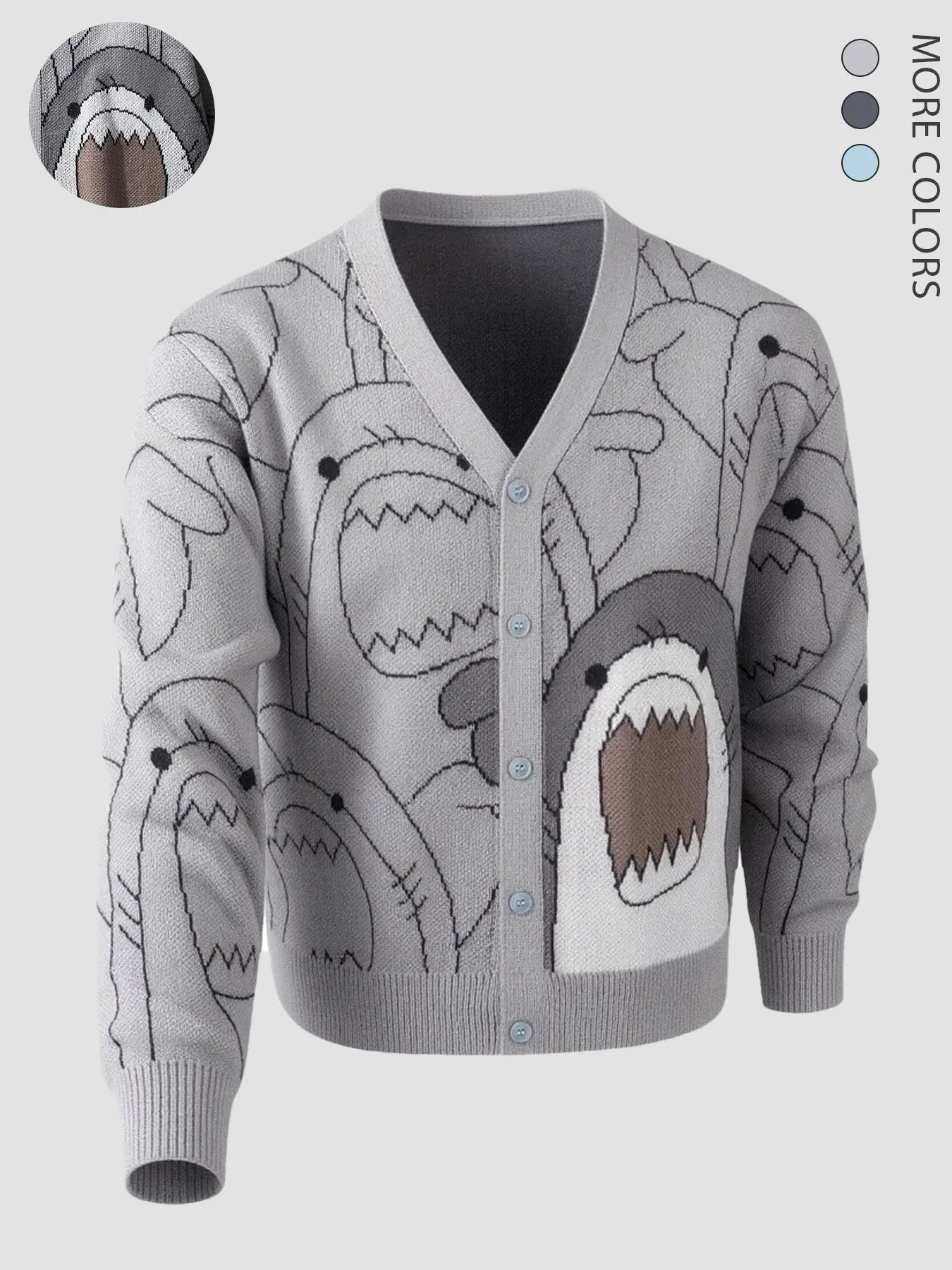 Cartoon Shark Print Button Sweater Coat, Fall Winter Unisex V-Neck Knit Cardigan, Soft Loose Street Style, 3 Colors Available