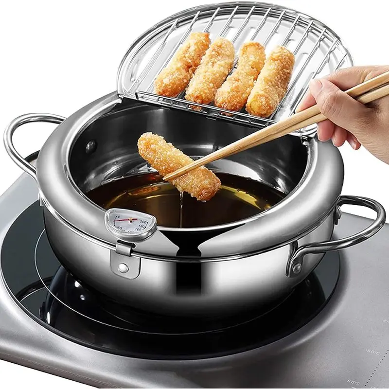 Deep Fryer Pot, Japanese Tempura Small Deep Fryer Stainless Steel Frying Pot With Thermometer,Lid And Oil Drip Drainer Rack for French Fries Shrimp Chicken Wings and Shrimp