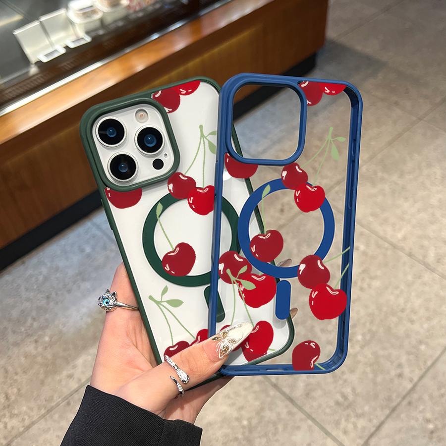 Phone case for iPhone 16 Pro Max 15 Plus 14 13 12 11 XS Max XR X Cherry Pattern Non-Yellowing Transparent Anti-Scratch Shockproof Pocket-Friendly Durable MagSafe Case with Charging Cellphone Cover Gift