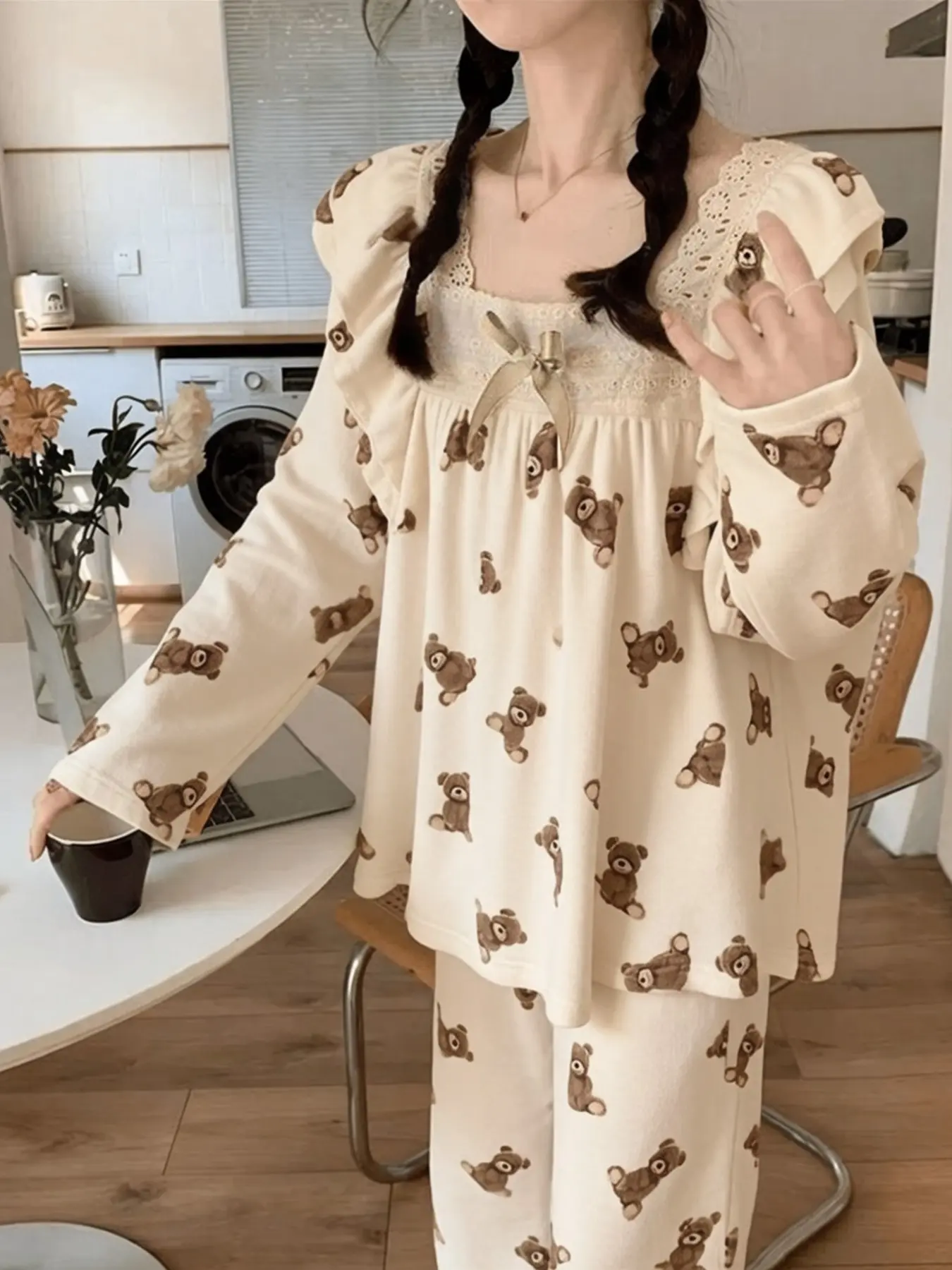 Cute Bear Print Pajama Set for Women, Soft and Breathable Cotton Blend, Loose Fit Two-Piece Home Wear, Korean Style Fashion