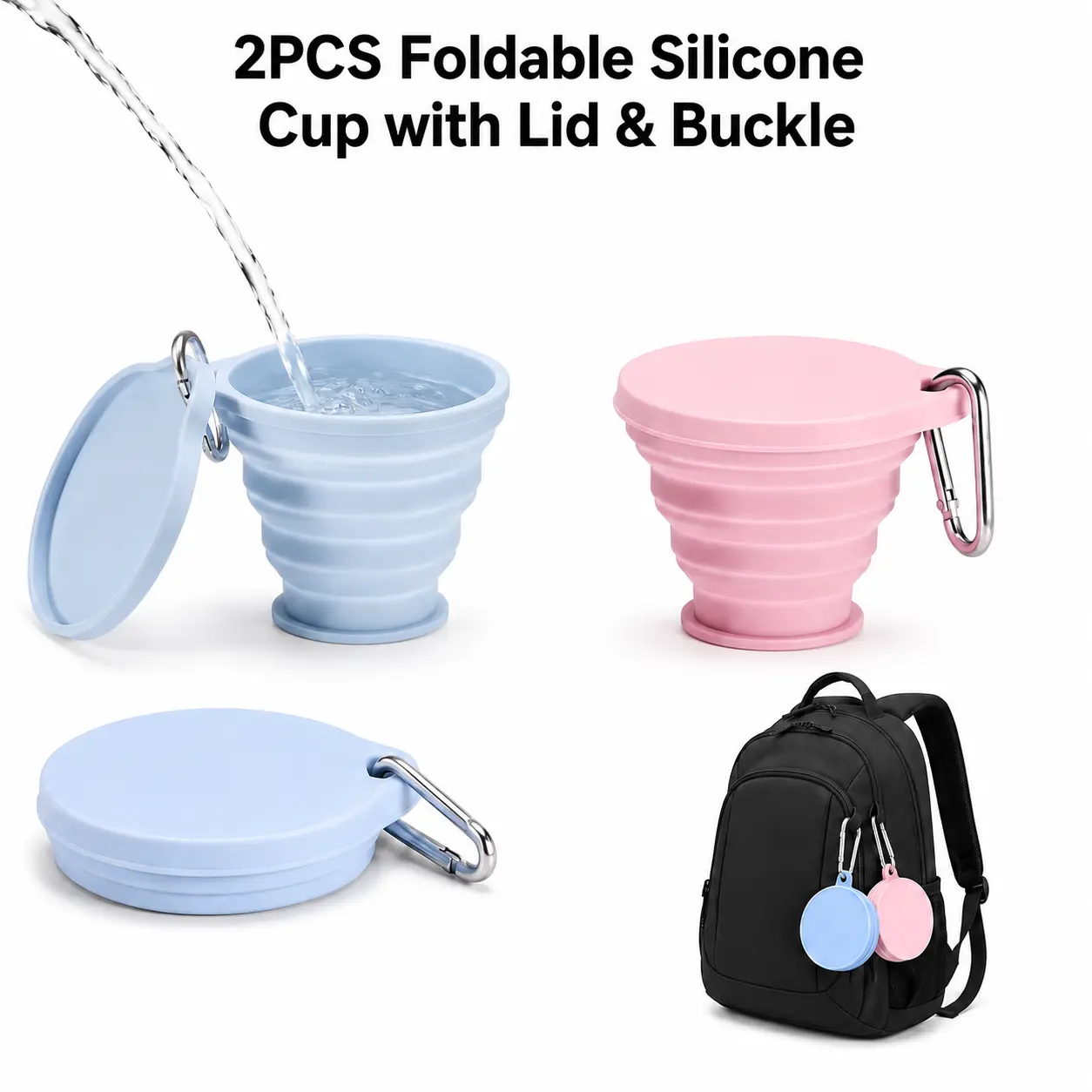2 PCS Foldable Silicone Cup with Lid & Buckle, Portable Collapsible Travel Water Cup, Outdoor Tableware for Camping & Hiking, Portable Travel Mug-YY1