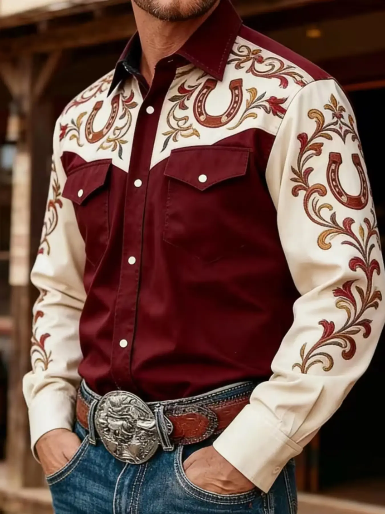 Western Style Horsehoe Embroidery Shirt, Vintage Atmosphere, Long Sleeve, Slim-Fitting, Casual Top, All over Print, Unlined