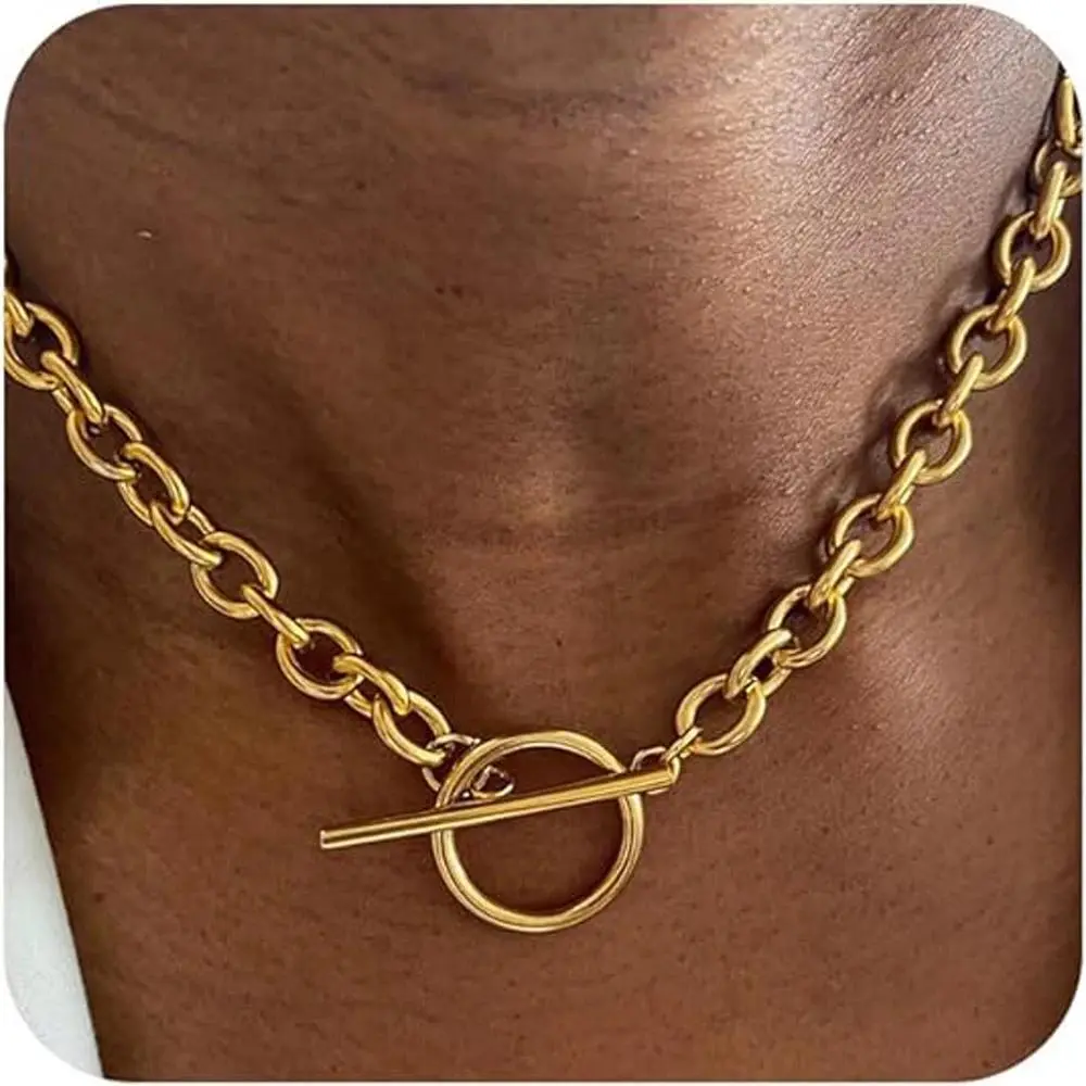 18K Gold Plated Chunky Necklace for Women Titanium Silver Clasp Chunky Toggle Necklace Statement T-Bar Clasp Gold Punk Necklaces