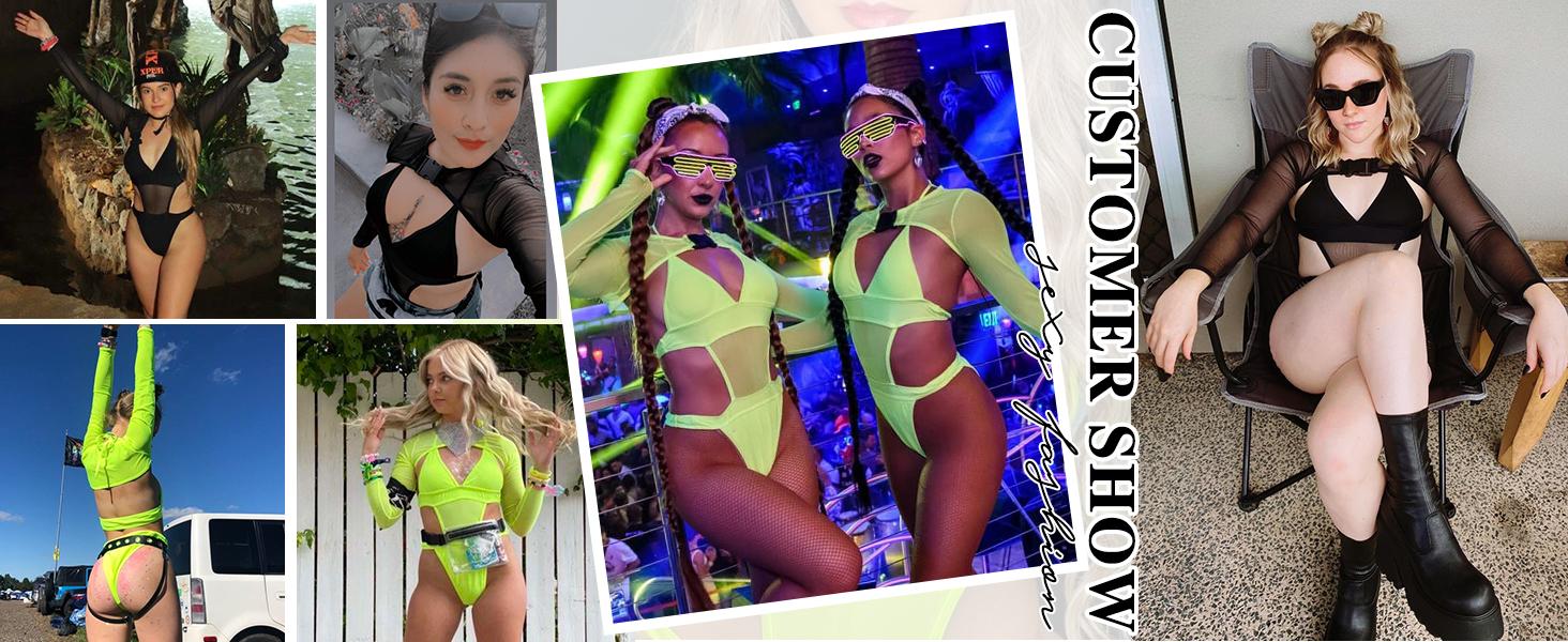 Rave Outfits for Women Festival Sexy Lingerie Bodysuit Buckle Shrug Crop Top Set