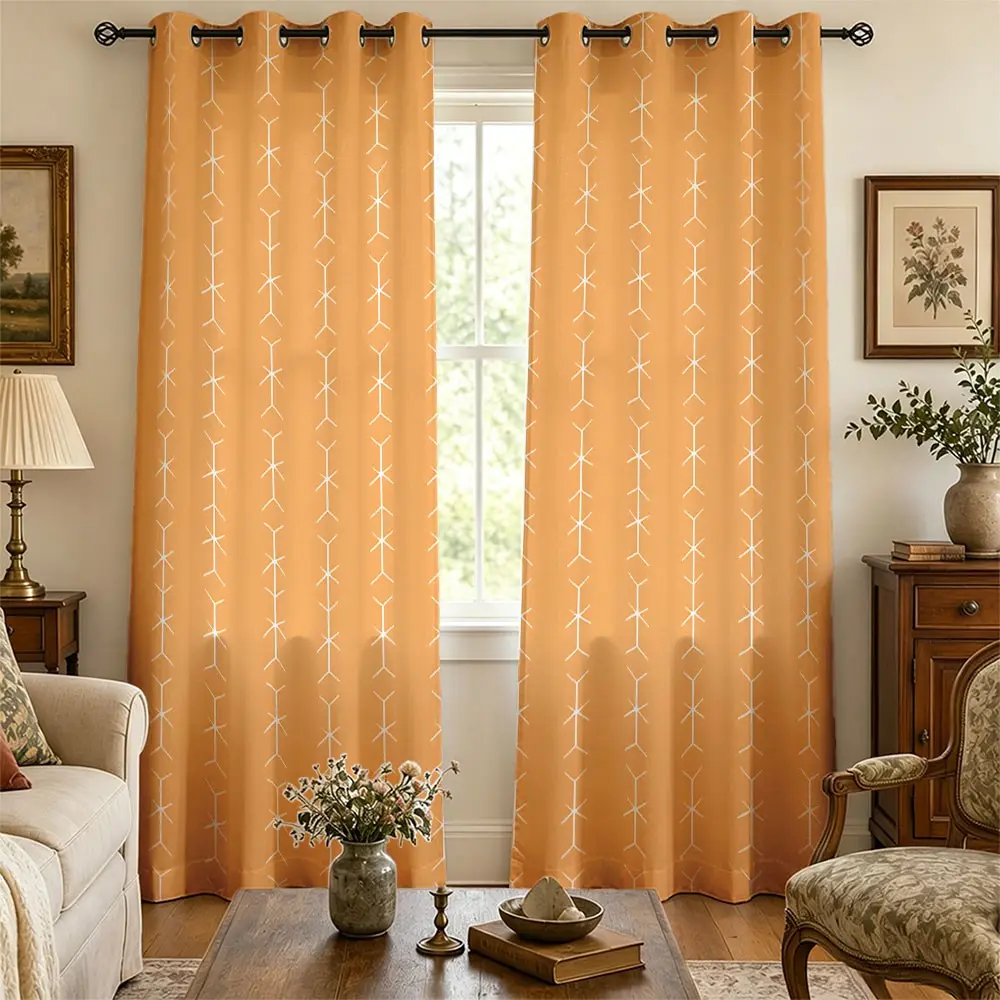 60-65% Light Blocking Grommet Curtains, 2 Panels Terracotta Simple Y-Shape Geometric Pattern Sunshade Drapes, Warm Tone Bohemian Window Treatments, Modern Farmhouse Room Decor Curtains