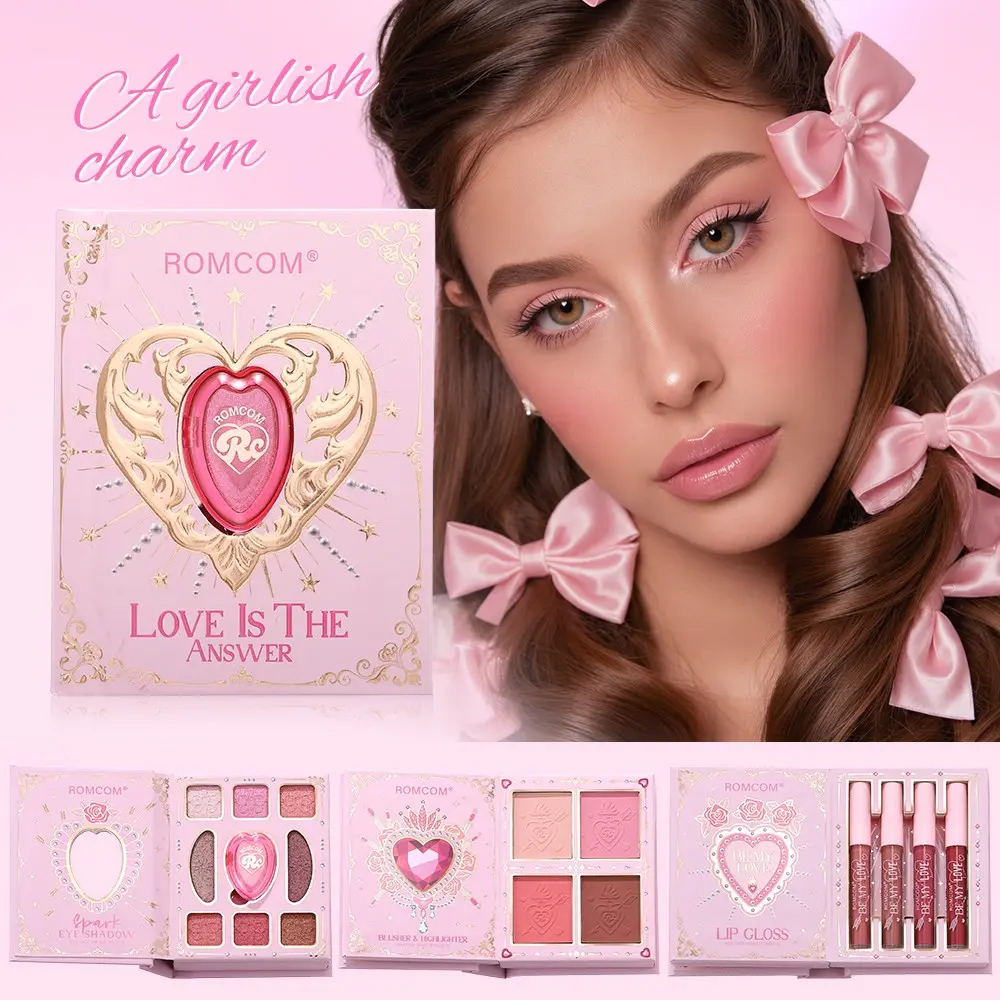Heart-Shaped Makeup Palette, Matte Glitter Eyeshadow Blush Lipstick Set, Portable Beauty Book, Ideal for European Women's Events & Daily Use
