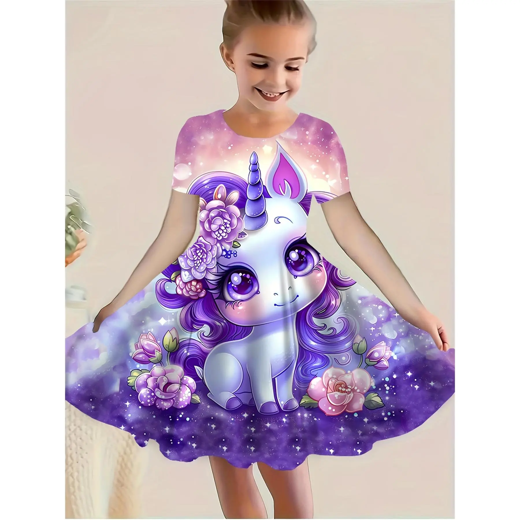 New Unicorn Dress, Cute Cartoon 3D Printed Girls' Dress, Purple Sea of Flowers Unicorn Children's Casual Short-Sleeve Dress