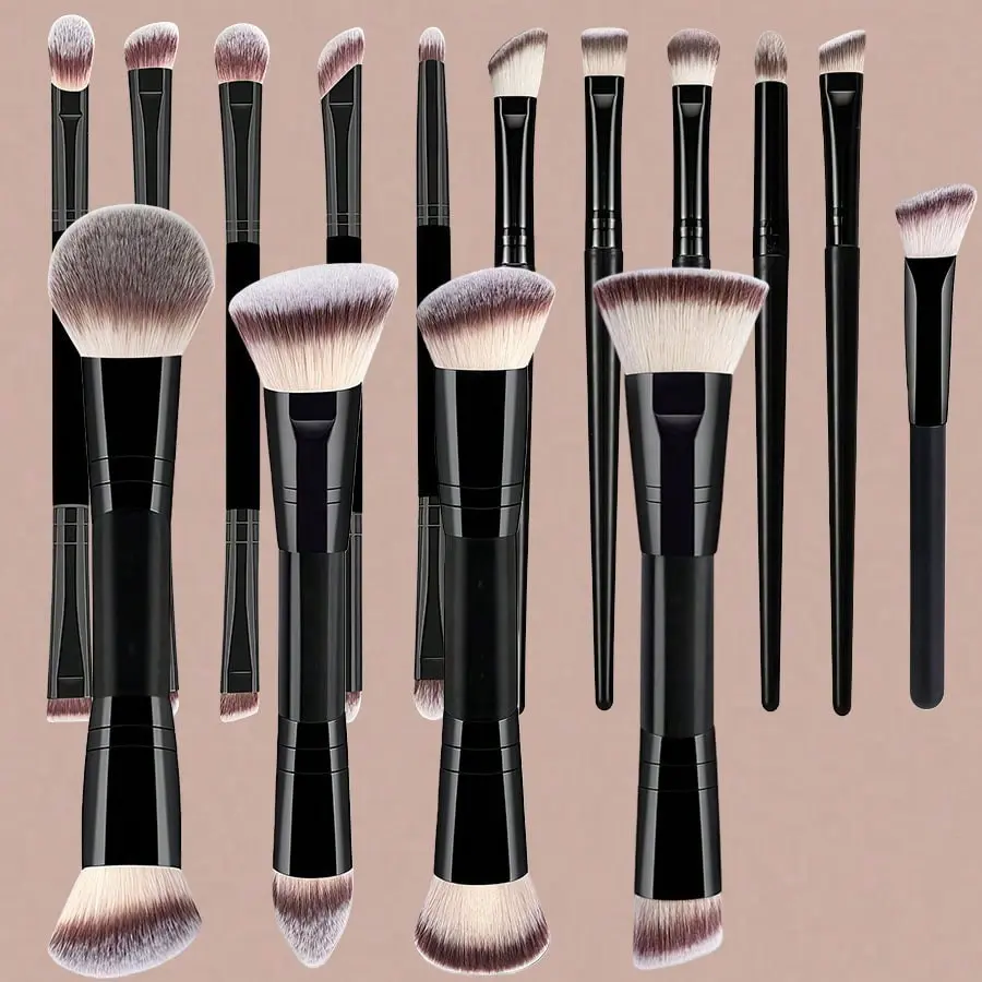 15-Piece Makeup Brush Set, Dual-Ended Face Brushes, Angled Foundation Brush, Blush Brush, Powder Brush, Eye Shadow Brush, Highlighter Brush, Cosmetic Brush Set