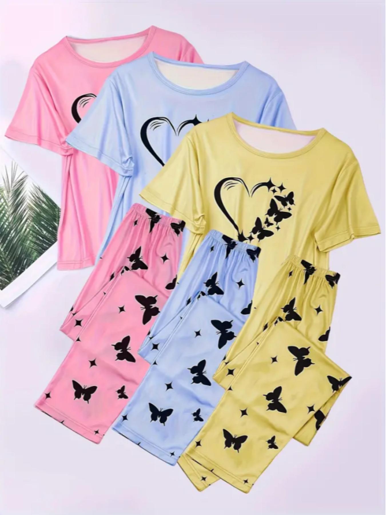 Women's Heart & Butterfly Print Pyjama Set, Comfy Fitted T-shirt & Elastic Waist Trousers Set, Women's Sleepwear for All Seasons