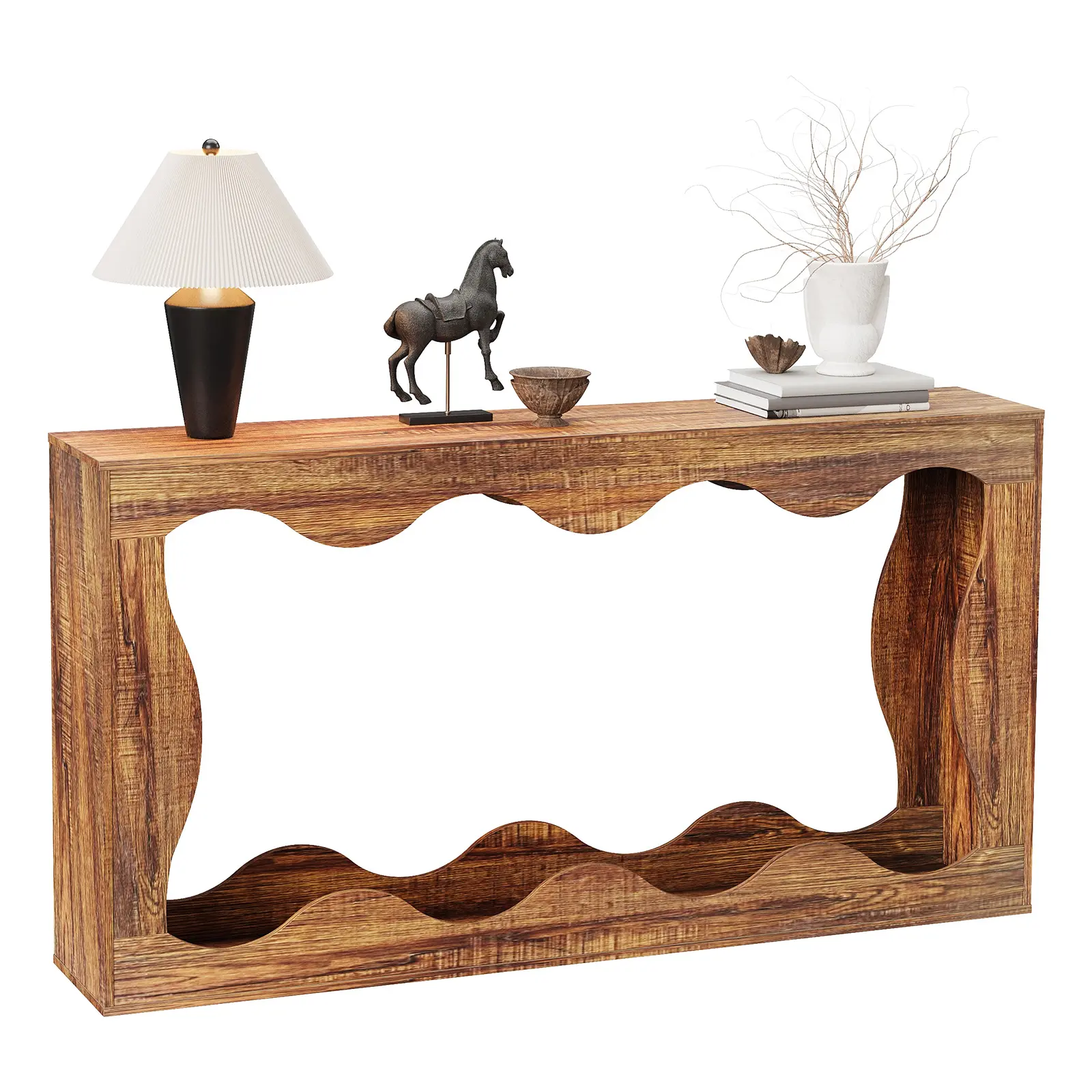 Farmhouse Console Table with Scalloped Edge - 63'' Narrow Wood Entryway Hall Table - Modern Accent Sofa Table Behind Couch - Living Room Furniture, Brown
