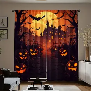 2 pieces of high-definition digital Halloween moonlit castle pumpkin printed decorative curtains. They provide light filtering protection for privacy and can be washed by hand or machine. Suitable for Halloween bedroom and living room home decoration.