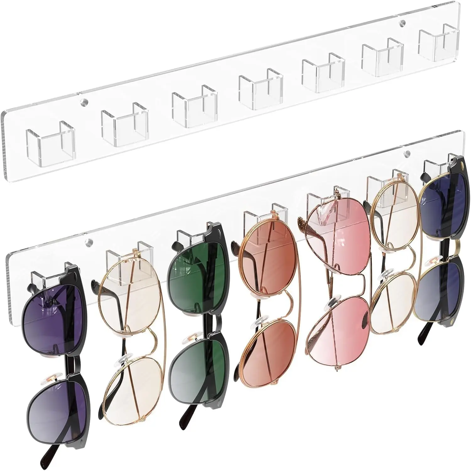 Sunglasses Organizer Wall, 2-Pack  Eyewear Display Holder | Glasses/Sunglasses Storage with 14 Slots, Includes Adhesive Tape & Screws, Clear Wall Mounted Shelf for Closet, Door