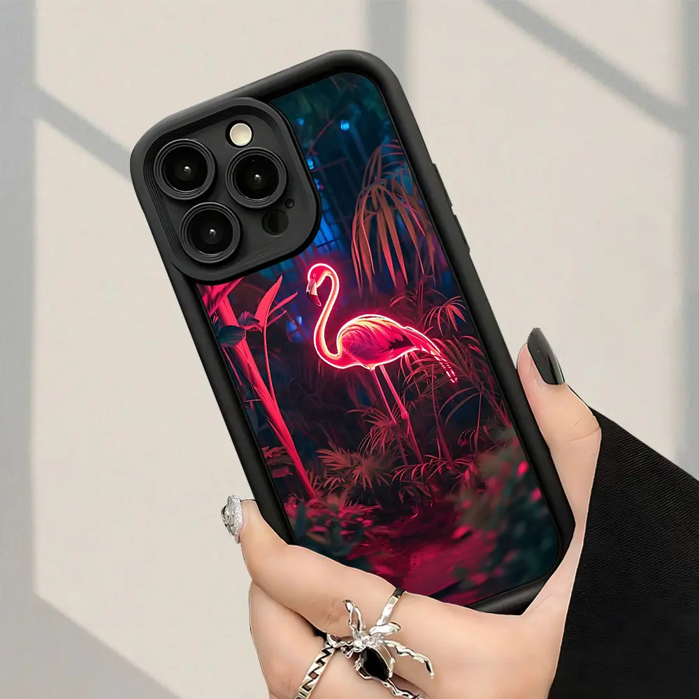 Stylish And Trendy Shock-Resistant Phone Case Featuring a Neon Flamingo Jungle Design, Offering Full Protection And Anti-Fingerprint Features, Compatible with Various Iphone Models Including 7, 8, 11, 12, 13, 14, 15, 16, 16 Pro, Plus, 16 Pro Max, X, Xs Ma