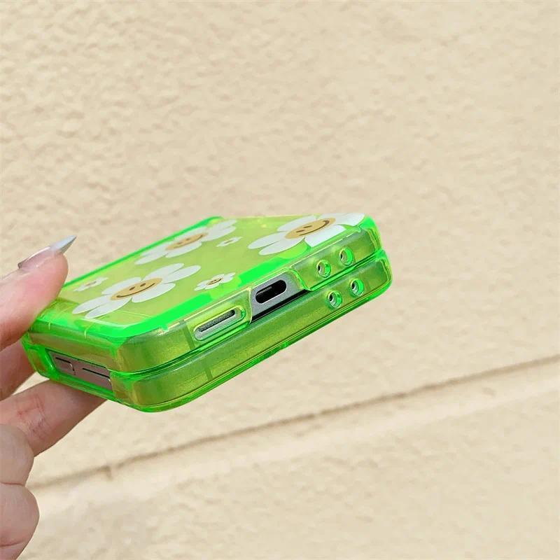 Phone Case For Samsung Galaxy Z Flip 7 FE 6 5 4 3 Fluorescent Green Insert Cards Cute Flower Stand Bracelet Shockproof Cover