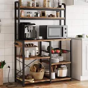 Garvee 6-Tier Kitchen Bookshelf – Bakers Rack with Power Outlets, Storage Cabinet, Coffee Bar Station, Microwave Stand, Open Shelves, Rustic Brown