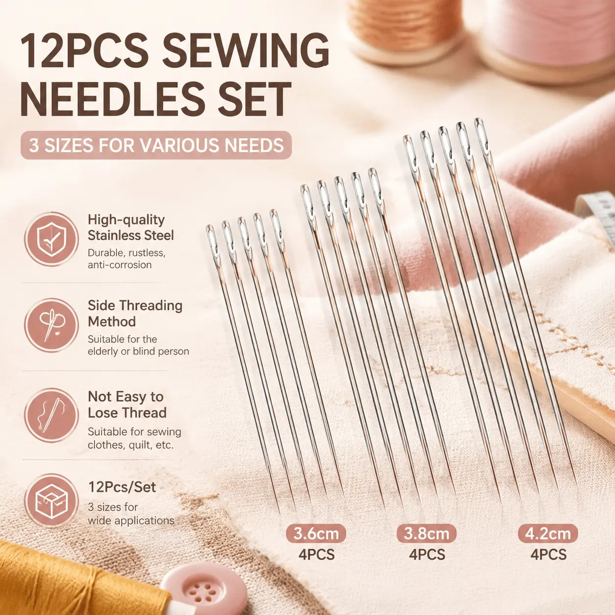 Easy-to-Use Hand Sewing Needle Set: Large-Eye Self-Threading Needles, Non-Slip & Durable, for DIY Fabric Repair, Crafting, and Home Mending Tools