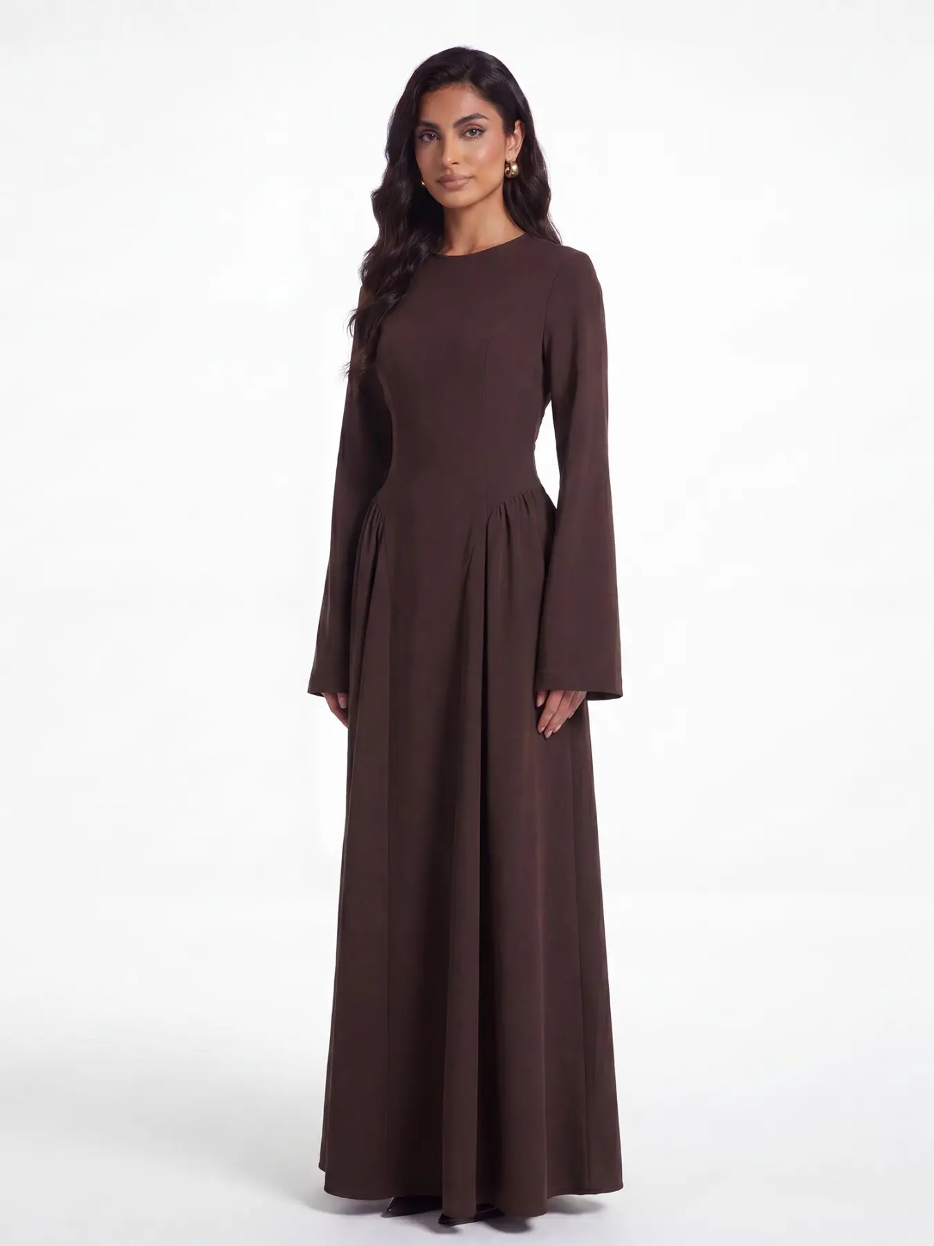 New Muslim Women's Waist-Cropped Abaya Dress, Round Neck Slim Fit A-Line Long Dress, Conservative Evening Wear for Office and Events