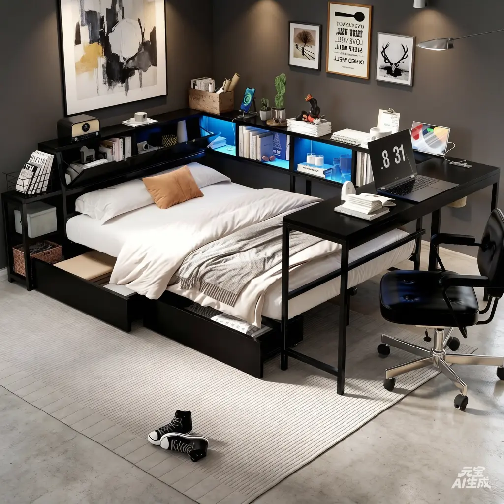 Full Size Corner Bed Frame with Storage Drawers, Bookcase and Side Desk, Full Corner Bed with Light and Charging Station, Daybed for Bedroom, Living Room, Guest Room Black
