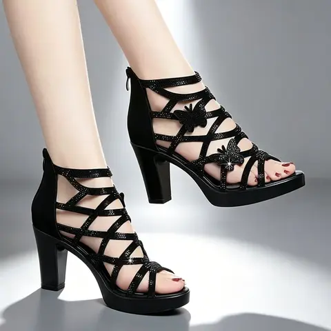 Women's Summer Rhinestone Embellished Butterfly Decor Cutout Platform Heeled Sandals, Bedazzling Glitter Sandals, Elegant Thick Heel Dress Shoes for Parties & Holidays