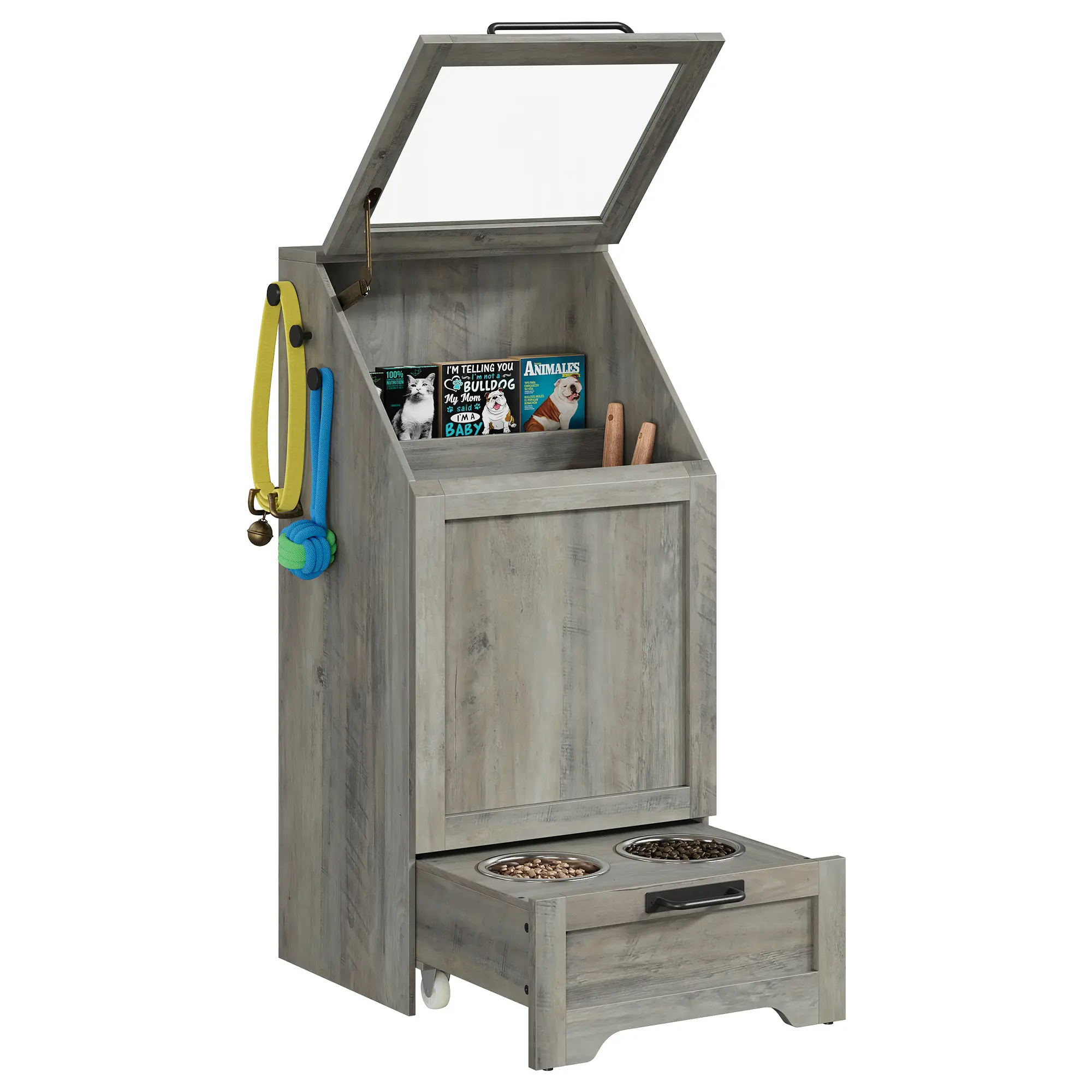 Top Opening Dog Feeding Station, Wooden Dog Food Storage Cabinet with 2 Elevated Dog Bowls, 3 Hooks, Hidden Design, Large Pet Food Storage and Feeding Station for Dogs, Cats
