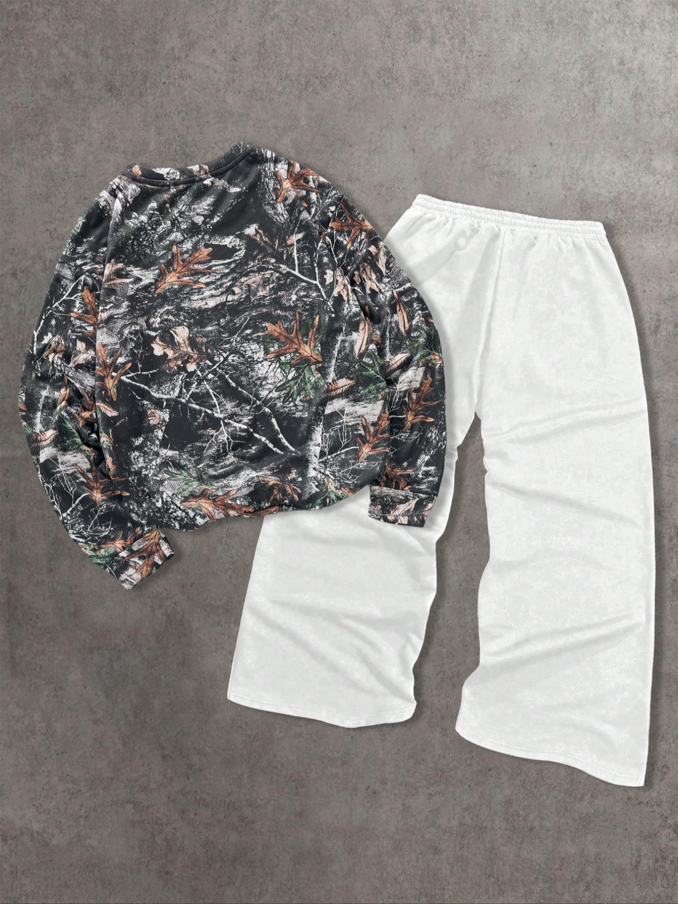 Two-piece Set Men's Branch Print Drop Shoulder Sweatshirt & Striped Print Wide Leg Pants, Regular Fit Casual Fashion Cozy Round Neck Long Sleeve Pullover & Elastic Waist Trousers for Daily Wear, Men's Outfits for Fall & Winter