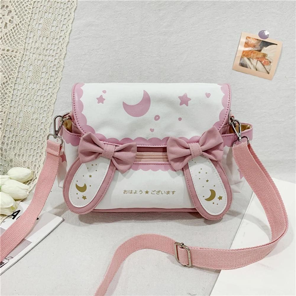 Y2K Cute Girl Lolita Bow Rabbit Shoulder Bag Women Star Moon Canvas Crossbody Bags Korean Kawaii Satchel Bag Sweet Messenger Bag