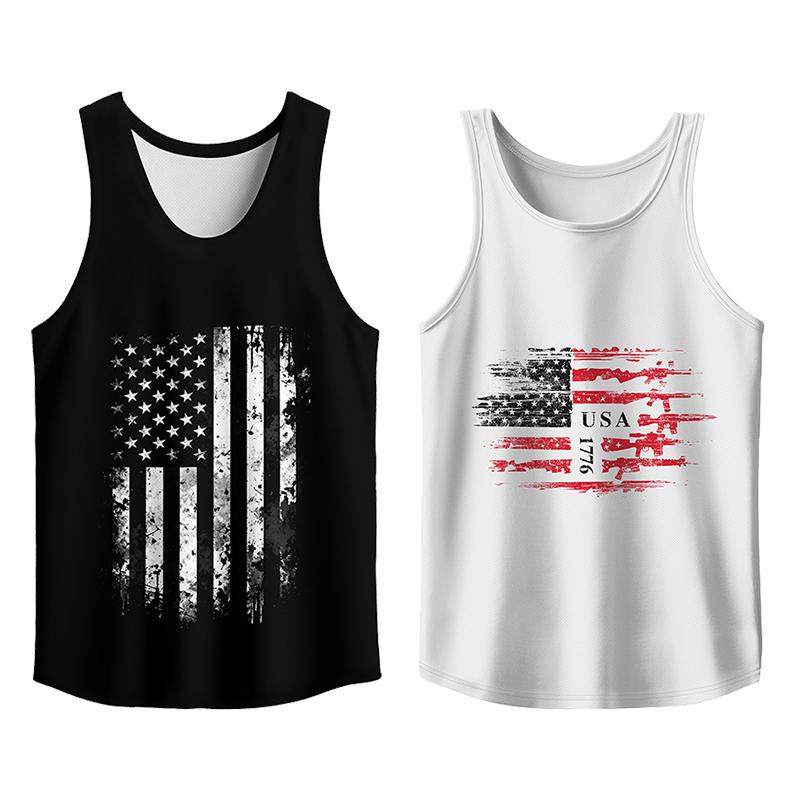 Y2K 2 Pack USA Flag Graphic Tees, Menswear Tank Top Slim Fit Apparel, Big and Tall Gym Workout Running Tee, Comfy Casual Sleeveless