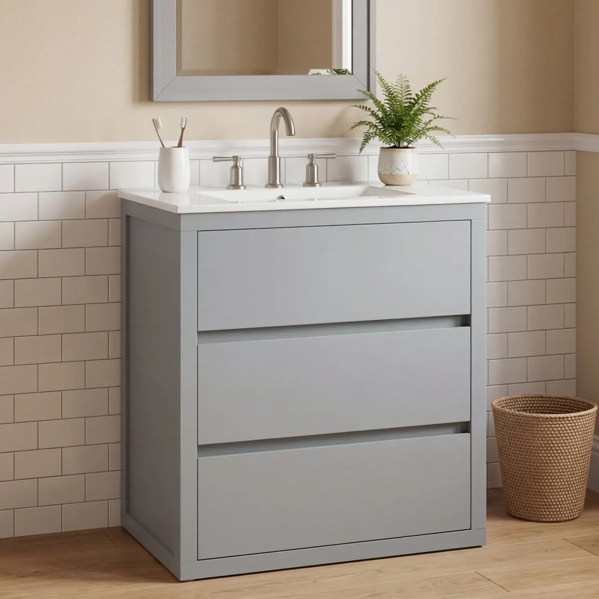 AobtkelChristopher Knight Home® 30" Bathroom Vanity with Ceramic Sink and 2 Full-Extension Drawers, Freestanding Bathroom Vanity with 45° Free-Handle Design, Soft Close Undermount Drawer Slides, Gray    RR